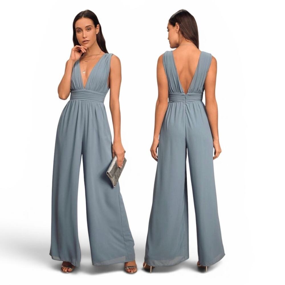 Lulus Divine Muse Slate Blue Wide-Leg Jumpsuit size Medium NWT